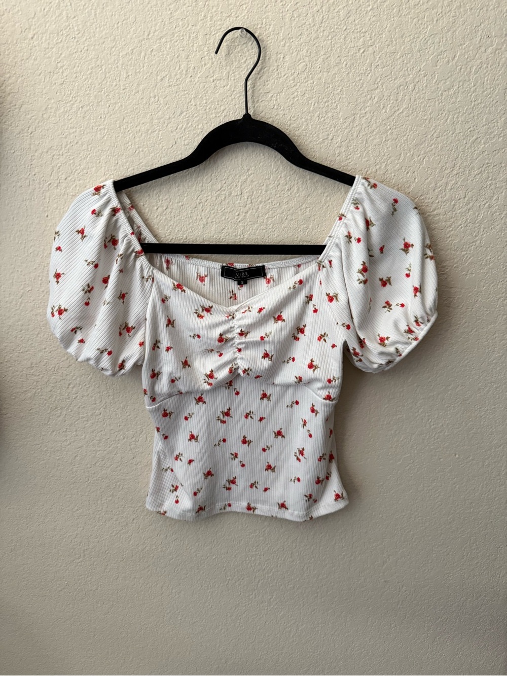 Floral Puff-Sleeve Square Neck Top - White with Red Floral